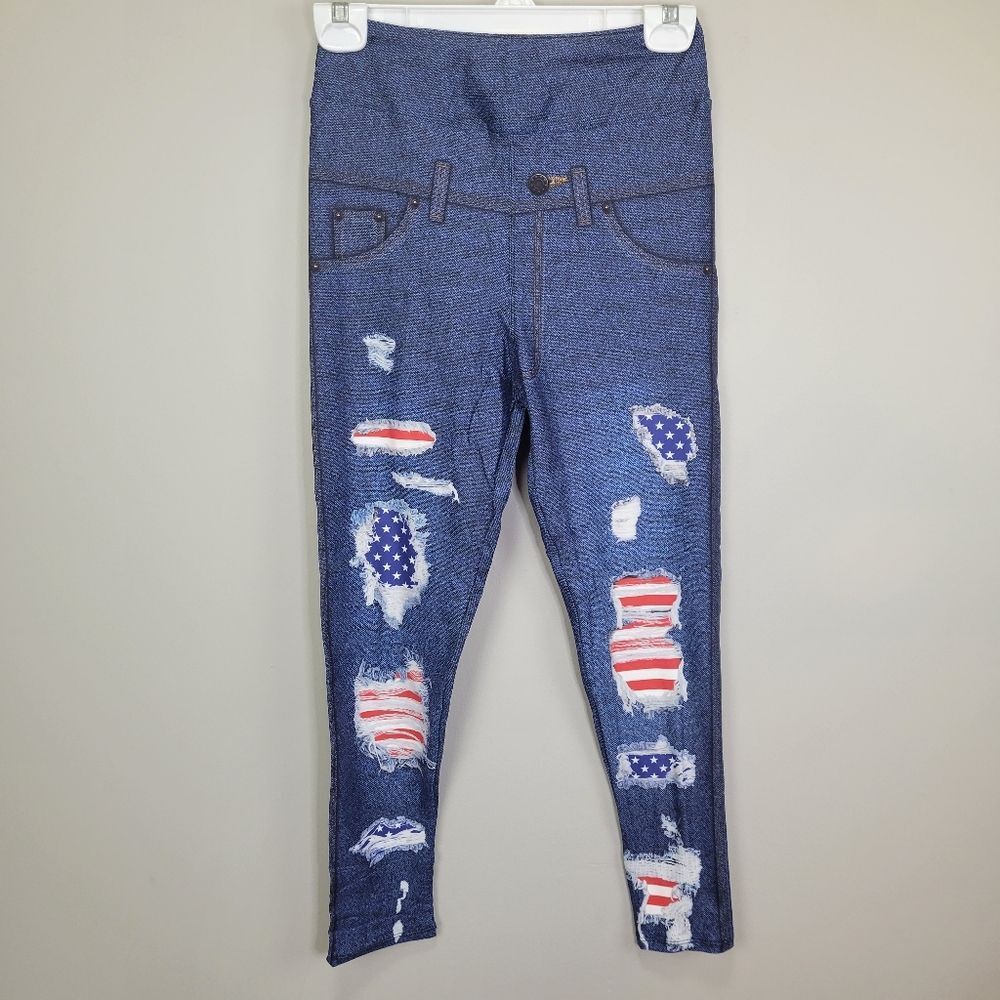 Dren Designs Faux Distressed Denim with American Flag Accents Leggings OS